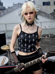 ROMWE Grunge Punk 滿版交叉印花吊帶上衣 - 黑色 - 查看 1