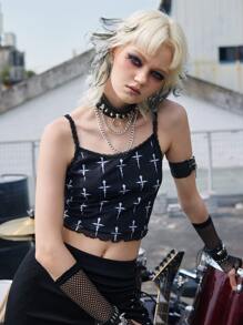 ROMWE Grunge Punk 滿版交叉印花吊帶上衣 - 黑色 - 查看 2