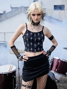 ROMWE Grunge Punk 滿版交叉印花吊帶上衣 - 黑色 - 查看 3