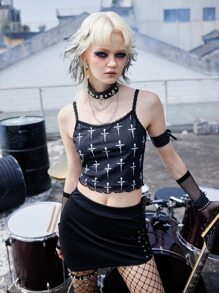 ROMWE Grunge Punk 滿版交叉印花吊帶上衣 - 黑色 - 查看 4