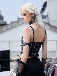 ROMWE Grunge Punk 滿版交叉印花吊帶上衣 - 黑色 - 查看 6