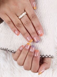 Upgrade Your Look with 24pcs Long Square French Colorblock Fake Nail & 1pc Nail File & 1sheet Tape For women And Girls - Multicolor - View 1