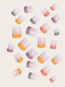 Upgrade Your Look with 24pcs Long Square French Colorblock Fake Nail & 1pc Nail File & 1sheet Tape For women And Girls - Multicolor - View 3