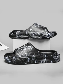 Men Letter Graphic Bathroom Slippers - Black - View 3