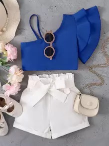 SHEIN 年輕女孩2入組休閒單肩飄帶短袖上衣和蝴蝶結手提紙袋彈力腰短褲,夏季 - 藍白色 - 查看 1