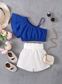 SHEIN 年輕女孩2入組休閒單肩飄帶短袖上衣和蝴蝶結手提紙袋彈力腰短褲,夏季 - 藍白色 - 查看 2