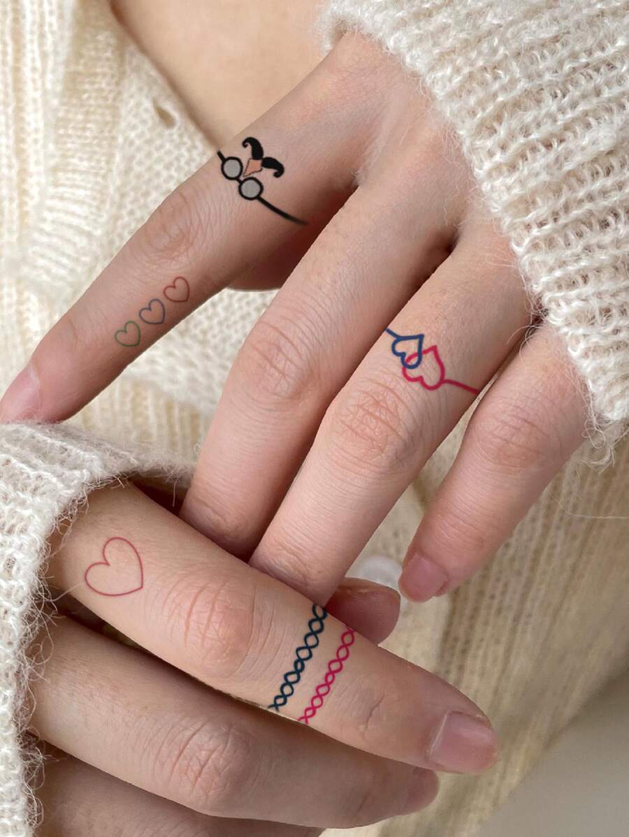 4pcs Rainbow Heart, Pink Heartbeat, Bow Y2K Small Pattern Unisex Temporary Tattoos, Daily, Party, Holiday Gift, For Body, Finger, Wrist, Ear, Shoulder, Neck, Collarbone Skin