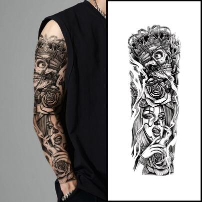 Tatouage temporaire de manche complète - Motifs extra-larges de crâne, de clown, de fleurs. Autocollant de faux tatouage convenant pour le DIY, les conventions d'anime, le carnaval, les festivals de musique, la Saint-Valentin, les fêtes. Étanche pour les fêtes à la plage, couvre entièrement le bras et la jambe