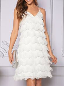 SHEIN Privé Vestido de tirantes unicolor ribete con fleco - Blanco - Ver 3