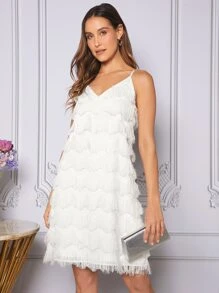 SHEIN Privé Vestido de tirantes unicolor ribete con fleco - Blanco - Ver 4
