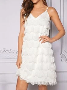 SHEIN Privé Vestido de tirantes unicolor ribete con fleco - Blanco - Ver 5