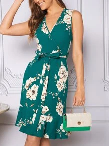 SHEIN Clasi 印花腰帶荷葉邊洋裝 - 綠色 - 查看 3