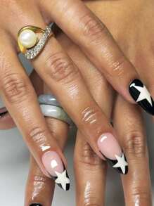 Transform Your Nails with 24pcs Short Almond Black French Star Print Fake Nail & 1pc Nail File & 1sheet Tape - Multicolor - View 1