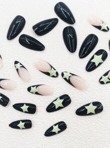 Transform Your Nails with 24pcs Short Almond Black French Star Print Fake Nail & 1pc Nail File & 1sheet Tape - Multicolor - View 3