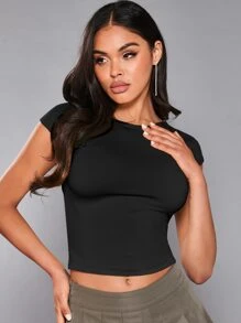 SHEIN BAE 素色露背短款T恤 - 黑色 - 查看 5