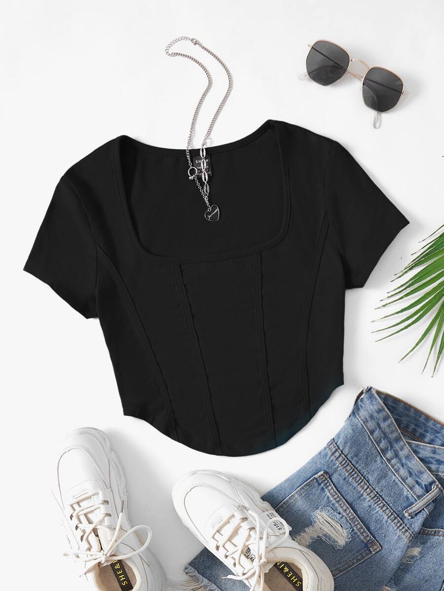 SHEIN EZwear 方領弧形下擺短款T恤 - 黑色 - 查看 1