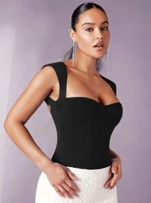 Silquee 素色雞心領口修身背心連體衣 - 黑色 - 查看 3