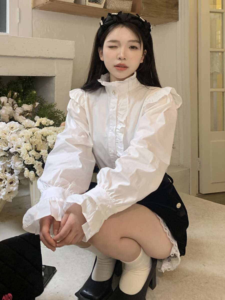 素色荷葉邊荷葉袖襯衫 - 白色 - 查看 1