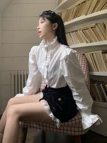 素色荷葉邊荷葉袖襯衫 - 白色 - 查看 3