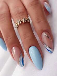 Elevate Your Style with 24pcs Long Almond Blue Line Glitter Striped Fake Nail & 1sheet Tape & 1pc Nail File - Multicolor - View 1