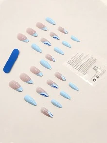 Elevate Your Style with 24pcs Long Almond Blue Line Glitter Striped Fake Nail & 1sheet Tape & 1pc Nail File - Multicolor - View 2