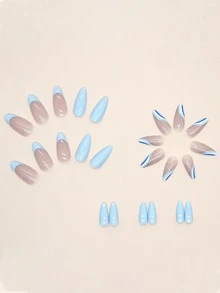 Elevate Your Style with 24pcs Long Almond Blue Line Glitter Striped Fake Nail & 1sheet Tape & 1pc Nail File - Multicolor - View 3