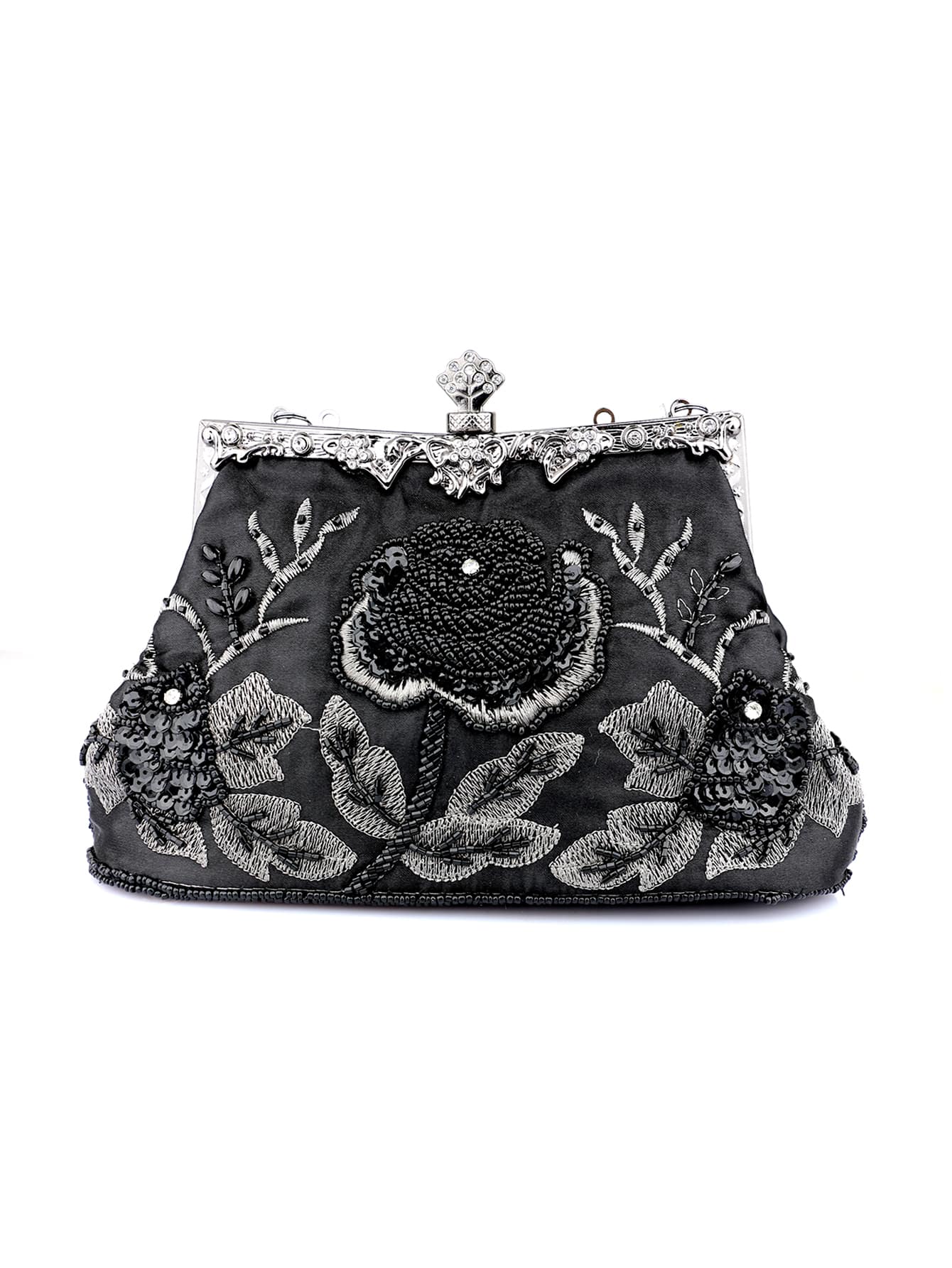 Flower Pattern Beaded Decor Square Bag Top Handle - Black - View 1
