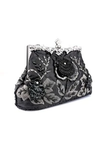 Flower Pattern Beaded Decor Square Bag Top Handle - Black - View 2
