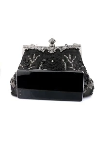 Flower Pattern Beaded Decor Square Bag Top Handle - Black - View 3