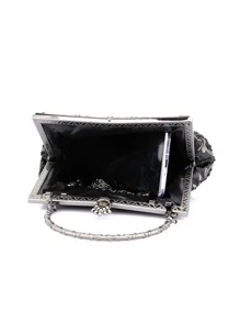 Flower Pattern Beaded Decor Square Bag Top Handle - Black - View 4