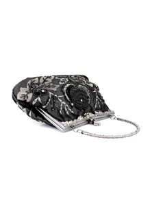 Flower Pattern Beaded Decor Square Bag Top Handle - Black - View 5