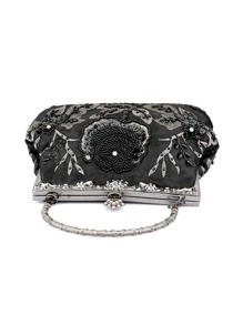 Flower Pattern Beaded Decor Square Bag Top Handle - Black - View 6