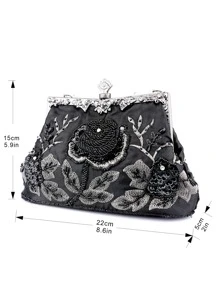 Flower Pattern Beaded Decor Square Bag Top Handle - Black - View 7