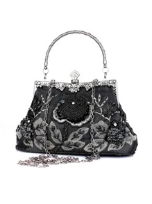 Flower Pattern Beaded Decor Square Bag Top Handle - Black - View 8