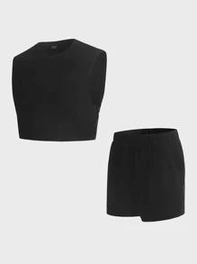 SHEIN Conjunto de pijama con camiseta sin mangas y pantalones cortos para hombre - Negro - Ver 1