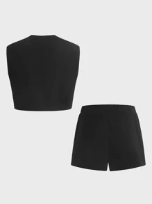 SHEIN Conjunto de pijama con camiseta sin mangas y pantalones cortos para hombre - Negro - Ver 2
