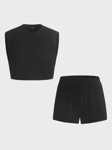 SHEIN Conjunto de pijama con camiseta sin mangas y pantalones cortos para hombre - Negro - Ver 3