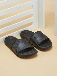 男士紋理質感單帶酷黑色乙烯-乙酸乙烯共聚物拖鞋 - 黑色 - 查看 4