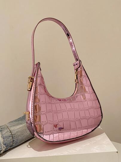 迷你流浪包鱷魚壓紋金屬質感粉色前衛