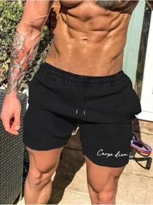 Manfinity Homme 男士字母圖案腰部抽繩短褲 - 黑色 - 查看 1