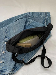 Bolso hobo amplio con diseño fruncido minimalista - Negro - Ver 3