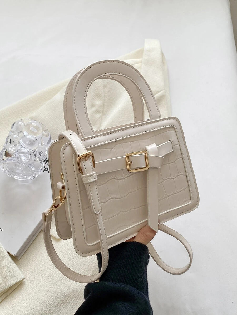 Mini Square Bag Crocodile Embossed Buckle Decor PU - Beige - View 1