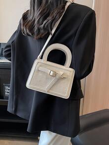 Mini Square Bag Crocodile Embossed Buckle Decor PU - Beige - View 2