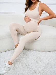 SHEIN Maternity Solid Cut Out Back Tank Top & Leggings Set - Beige - View 2