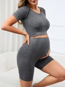 SHEIN Maternity Cut Out Backless Crop Tee & Cycling Shorts - Dark Grey - View 4