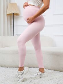 SHEIN Maternity Solid Tummy Control Leggings - Baby Pink - View 3