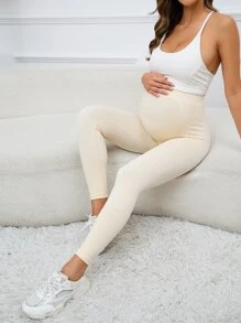 SHEIN Maternity Solid Belly Support Leggings - Apricot - View 5