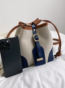 Eimertasche mit Farbblock, Mini Schnalle Dekor, Kordelzug Design - Blau - Übersicht 4