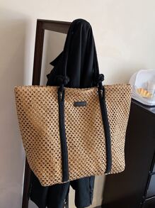 流行的色塊草編手提袋，配有優雅的肩帶，適用於夏季必備品，海灘必備的女包、度假必備品、學校書包、大容量、便攜式，適合青少年女孩、女大學生、白領工人，完美適用於工作、返校、中學、高中、大學、度假、海灘 - 卡其色 - 查看 1