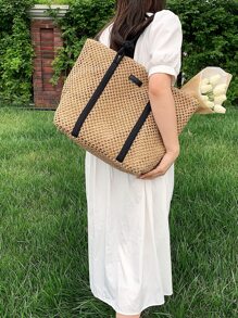 流行的色塊草編手提袋，配有優雅的肩帶，適用於夏季必備品，海灘必備的女包、度假必備品、學校書包、大容量、便攜式，適合青少年女孩、女大學生、白領工人，完美適用於工作、返校、中學、高中、大學、度假、海灘 - 卡其色 - 查看 2